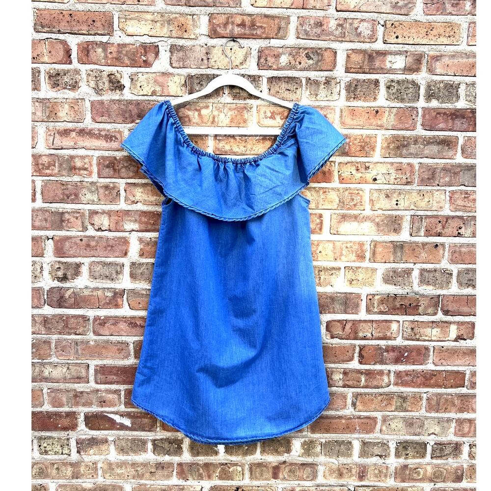Off the Shoulder Chambray Peasant Ruffle Dress by Speed Control NY